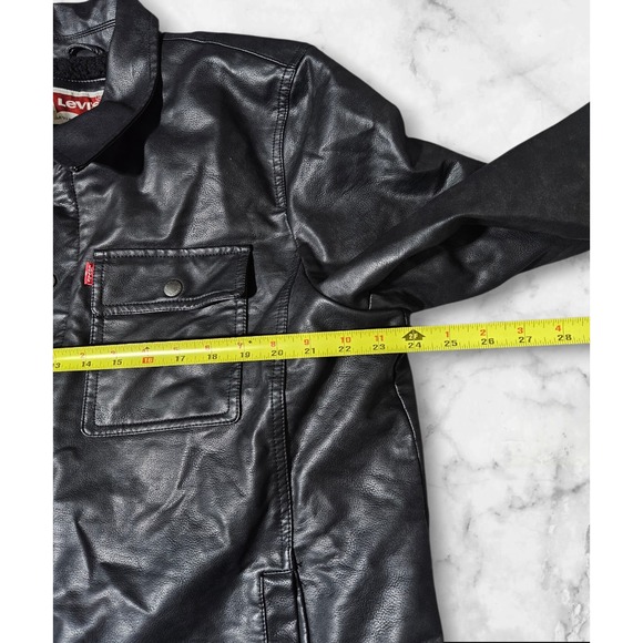 Levis Faux Leather Trucker Sherpa-Lined Jacket Black Zip Snap Button Biker Men L - Picture 7 of 16